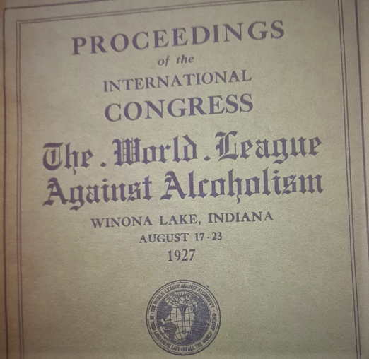 Title page of Proceedings of the International Congress of the World League Against Alcoholism, Indiana, 1927